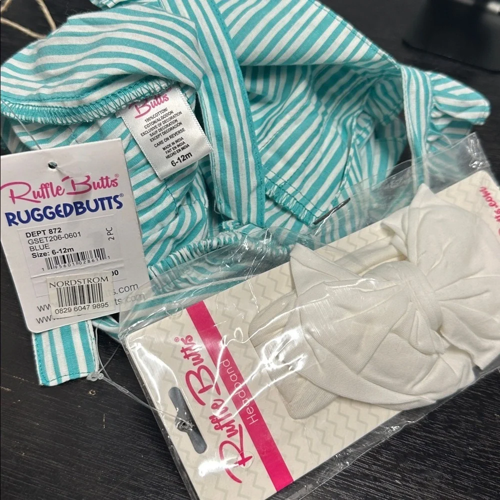 NWT Ruffle Butts Bella Aqua Blue Stripe Bubble Romper W/ Headband Sz 6-12M